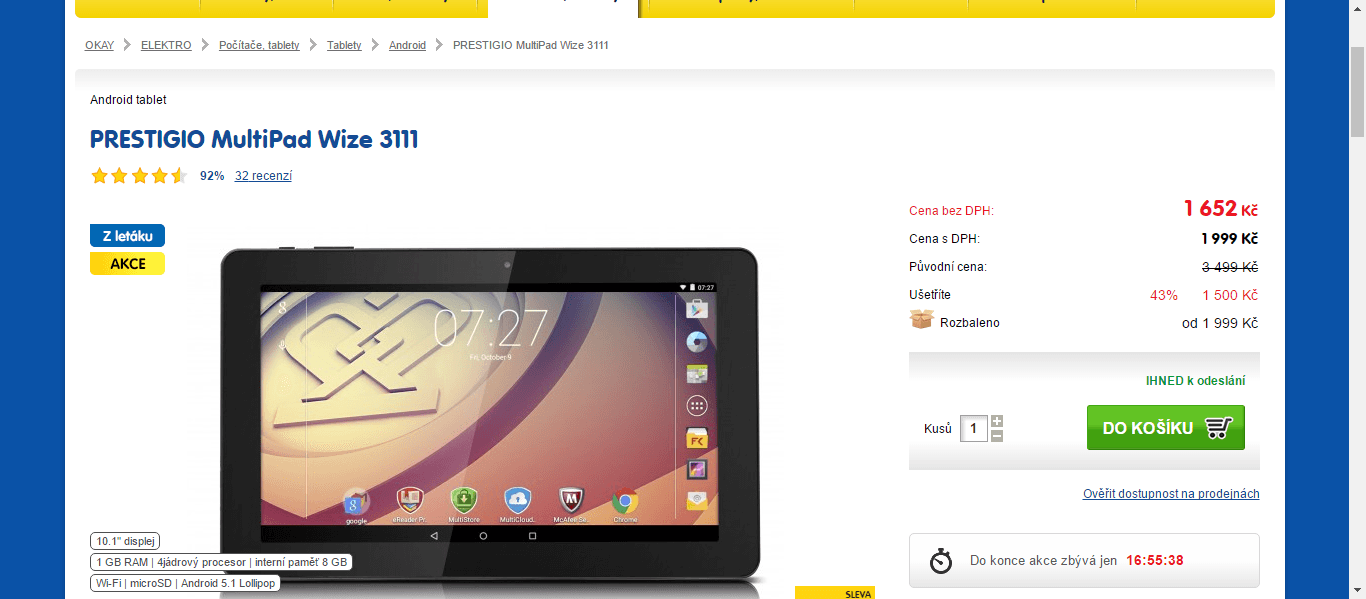 Tablet Prestigio, 4x 1,2GHz, 1GB RAM, 10,1"