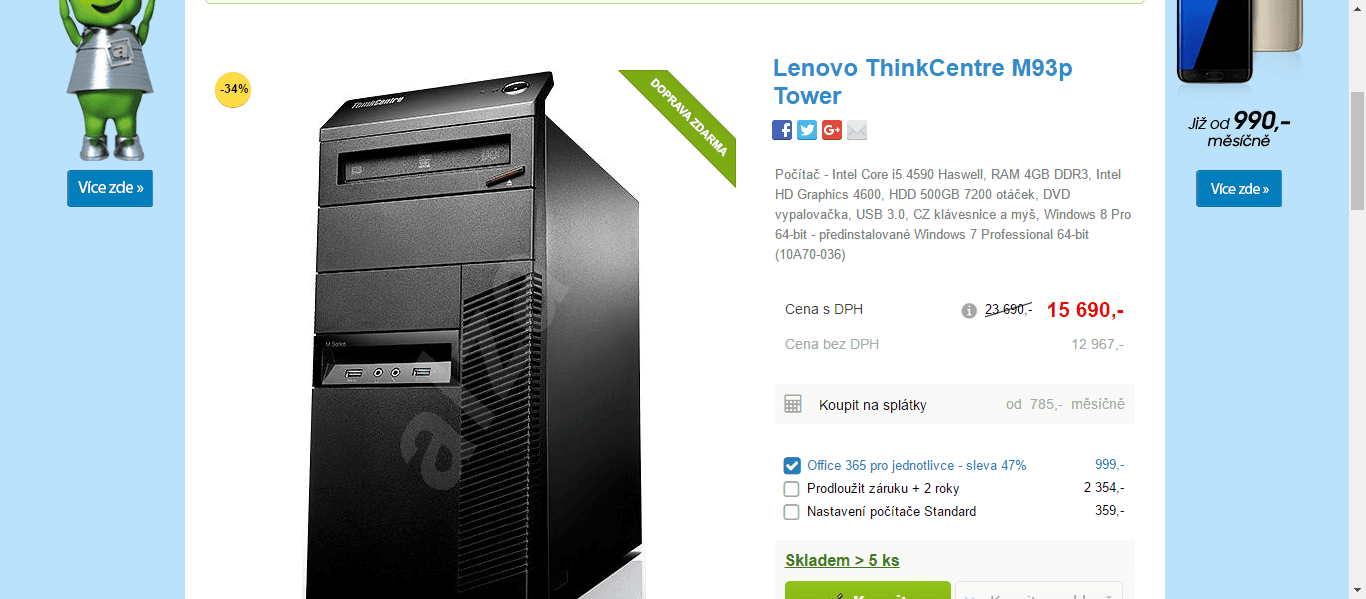 PC Lenovo, i5, 3,7GHz, 4GB RAM, 500GB HDD