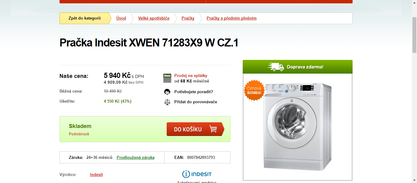 Pračka Indesit, 7kg, 1200 otáček