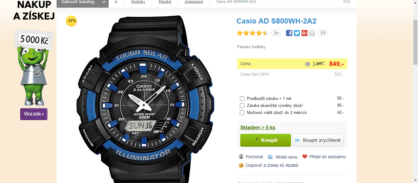 Pánské hodinky Casio - solár, vodotěsné