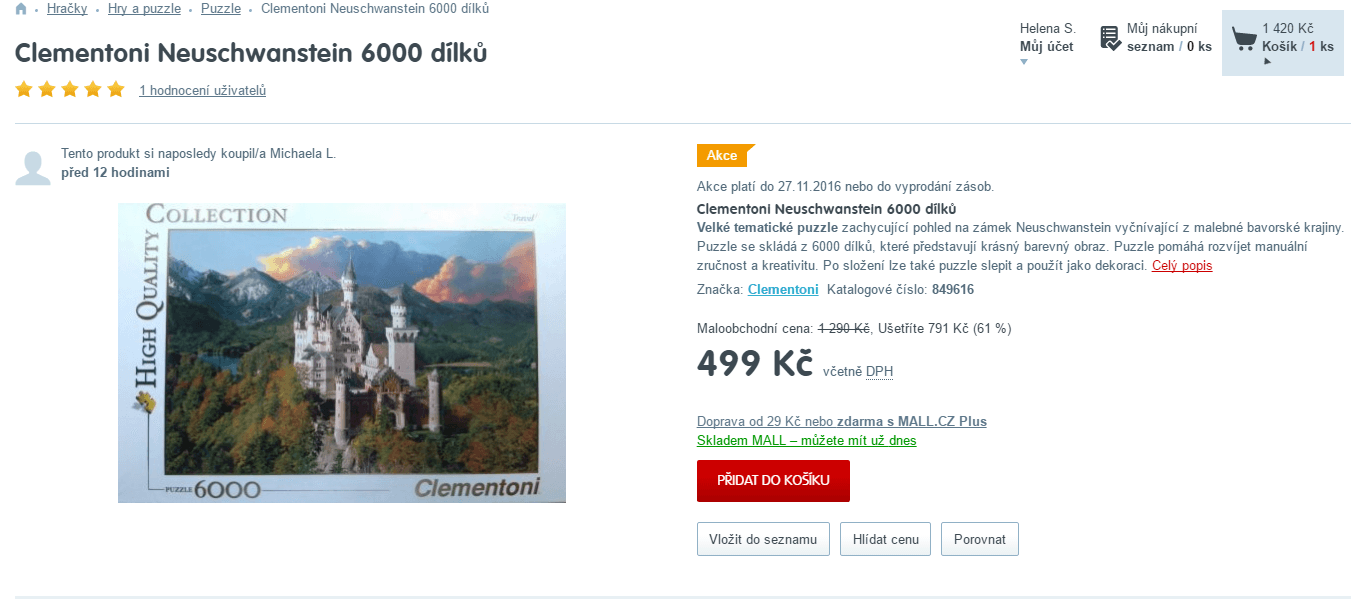 Puzzle Neuschwanstein, 6000 dílů, 1,7x1,2m