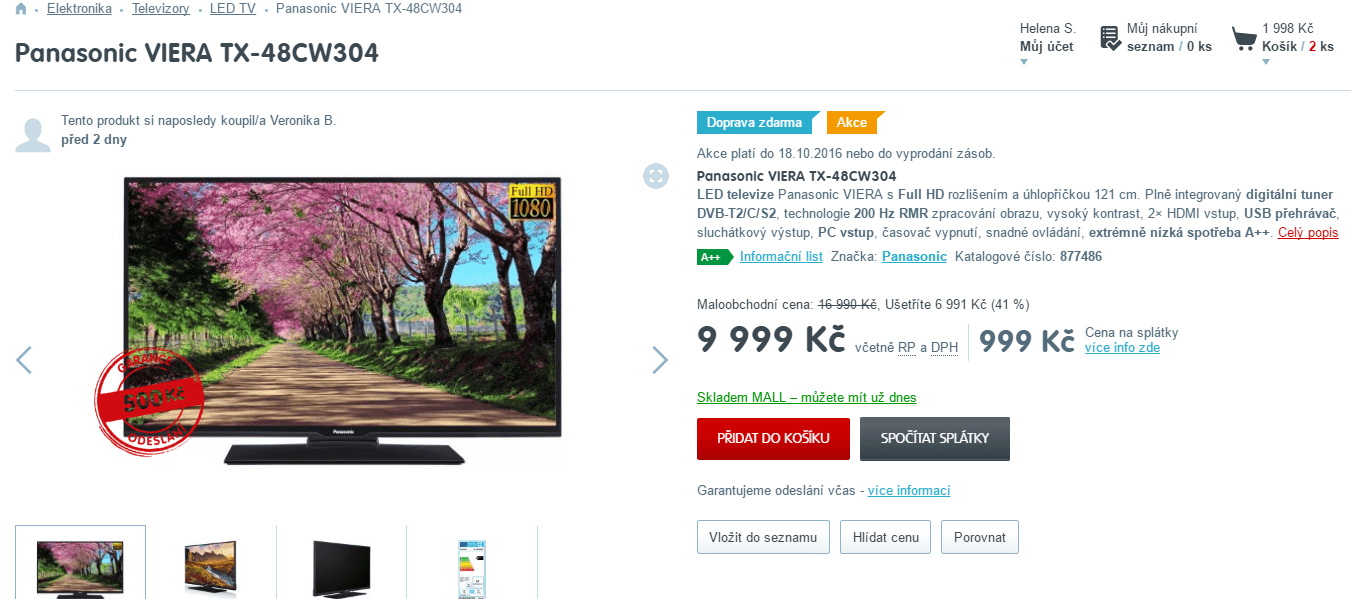 Full HD LED TV, 121 cm, Panasonic