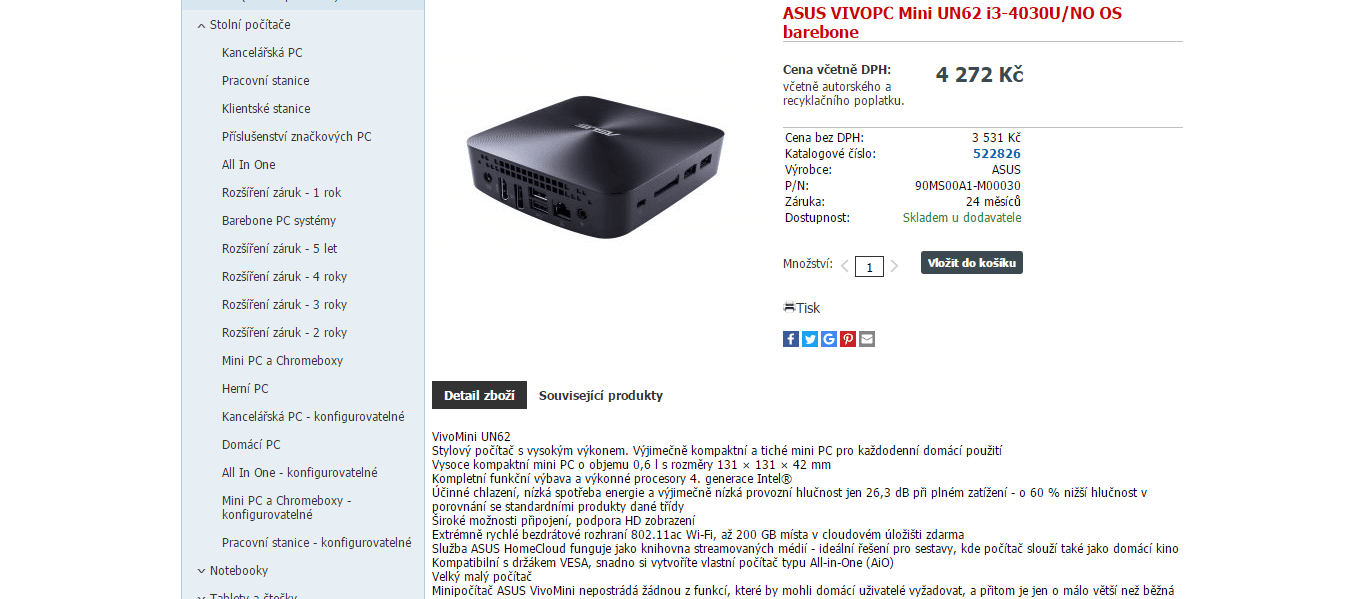 Mini PC Asus, i3, 1,9GHz, bez RAM a HDD