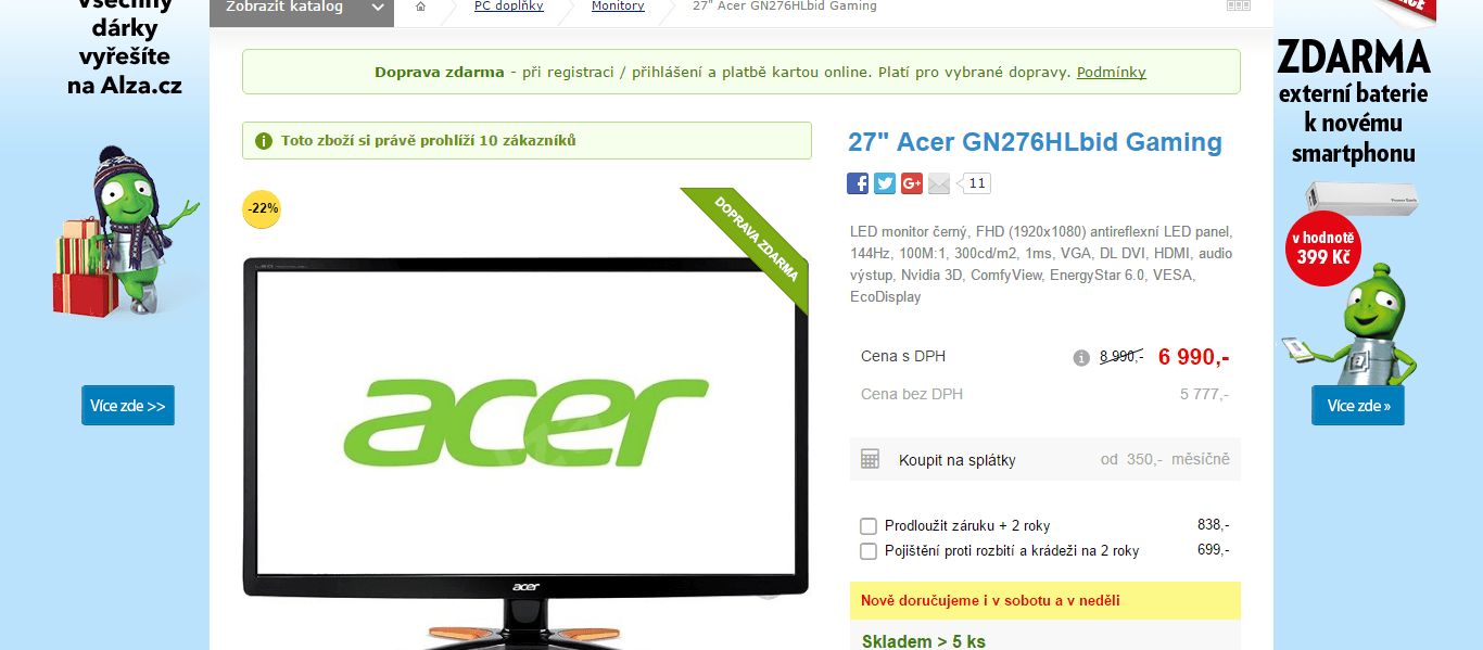 3D PC monitor Acer, herní, 27"