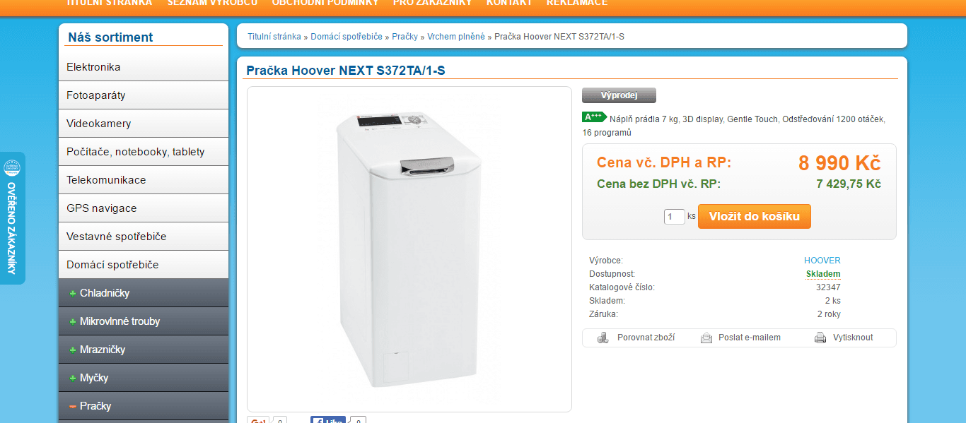 Pračka Hoover, 7kg, 1200 ot., A+++