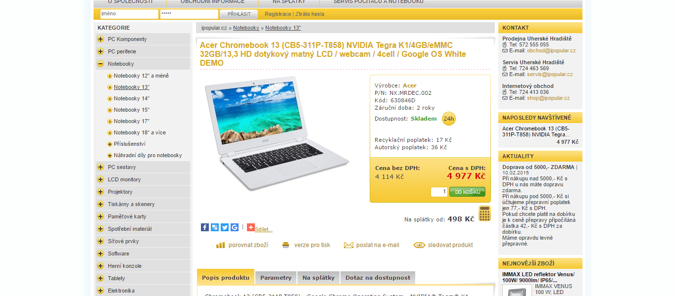 Chromebook Acer, 2,1GHz, 4GB RAM, 13,3"