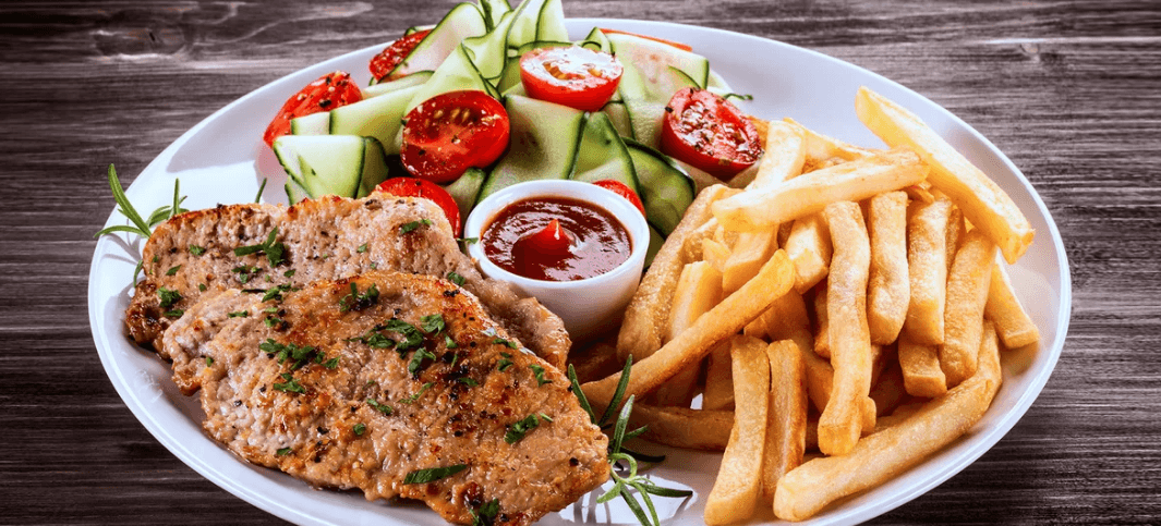 2x steak z kotlety, příloha a 2x dezert