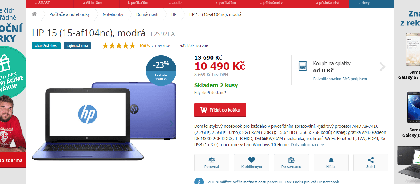 HP, 2,5 GHz, 8GB RAM, 2GB grafika, 15,6"