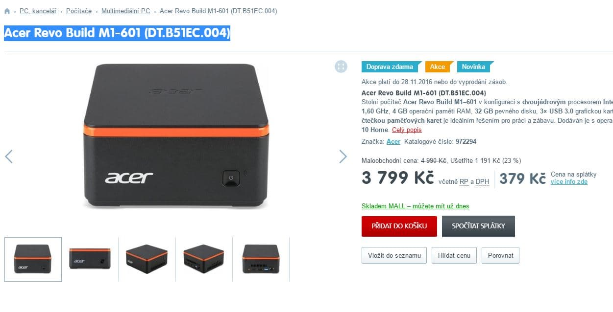 Mini PC Acer, 2,48GHz, 4GB RAM, SSD