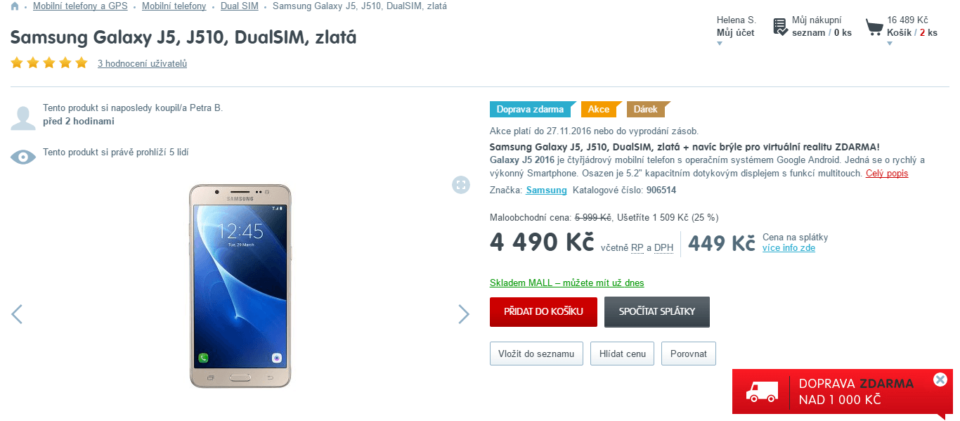 Samsung J5, 4x 1,2GHz, 2GB RAM, 5,2"