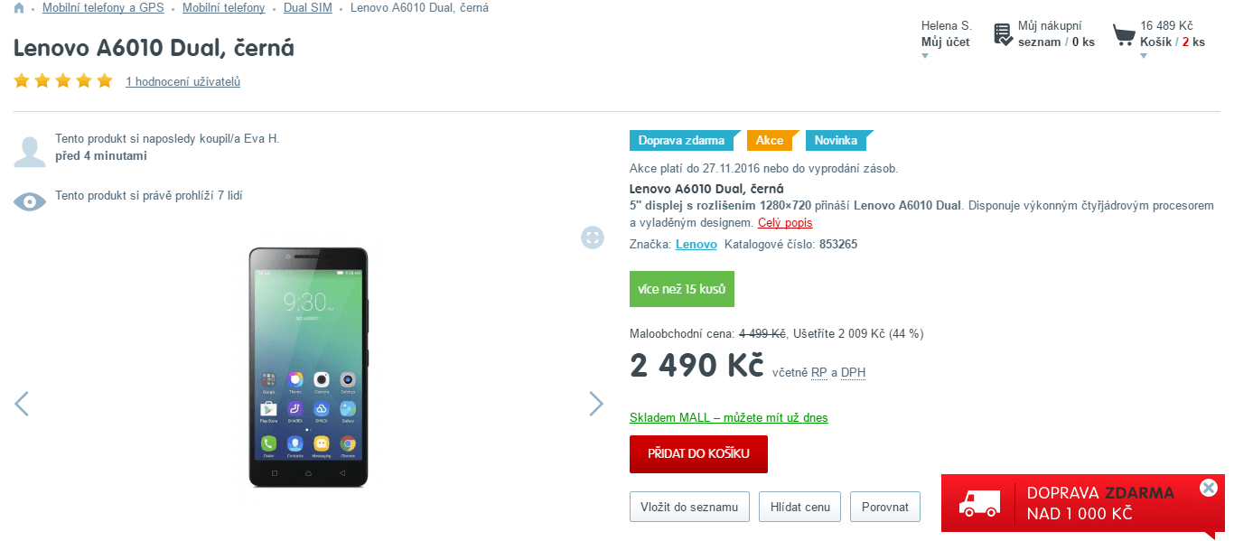 Lenovo A6010, 4x 1,2GHz, 1GB RAM, 5"