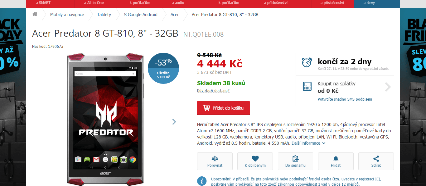 Herní tablet Acer Predator 4x 2,4GHz, 2GB RAM