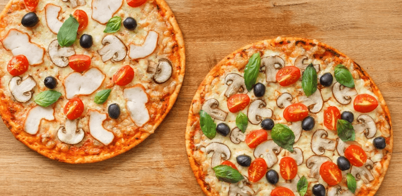 Dvě pizzy o průměru 32 cm