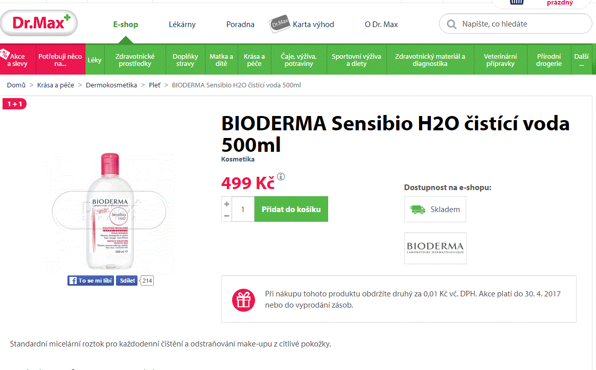 Micelární voda BIODERMA 1+1 zdarma