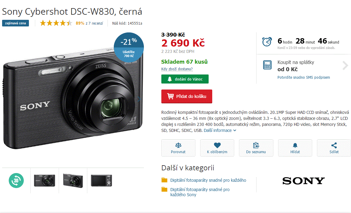 Sony CyberShot, 20,1 MPx,8x zoom