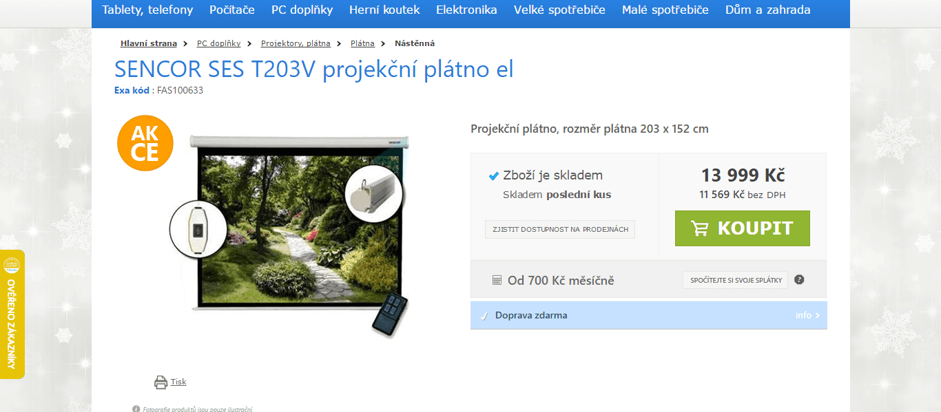 Projekční plátno Sencor 2x1,5 metru