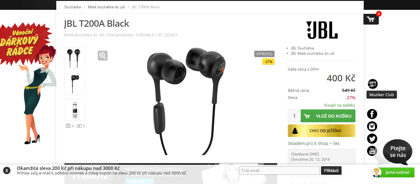 Sluchátka s mikrofonem JBL T200A