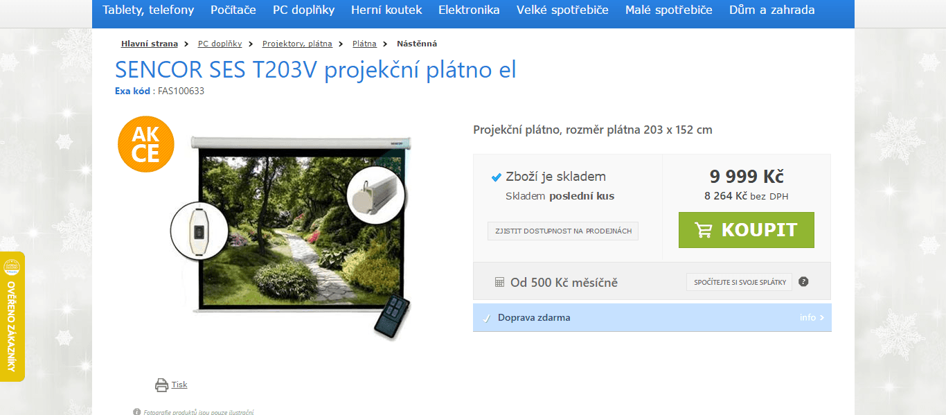 Projekční plátno Sencor 2x1,5 metru
