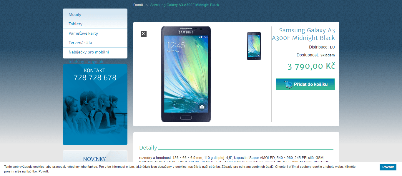 Samsung A3, 4x 1,2GHz, 1,5GB RAM, 4,5", LTE, NFC