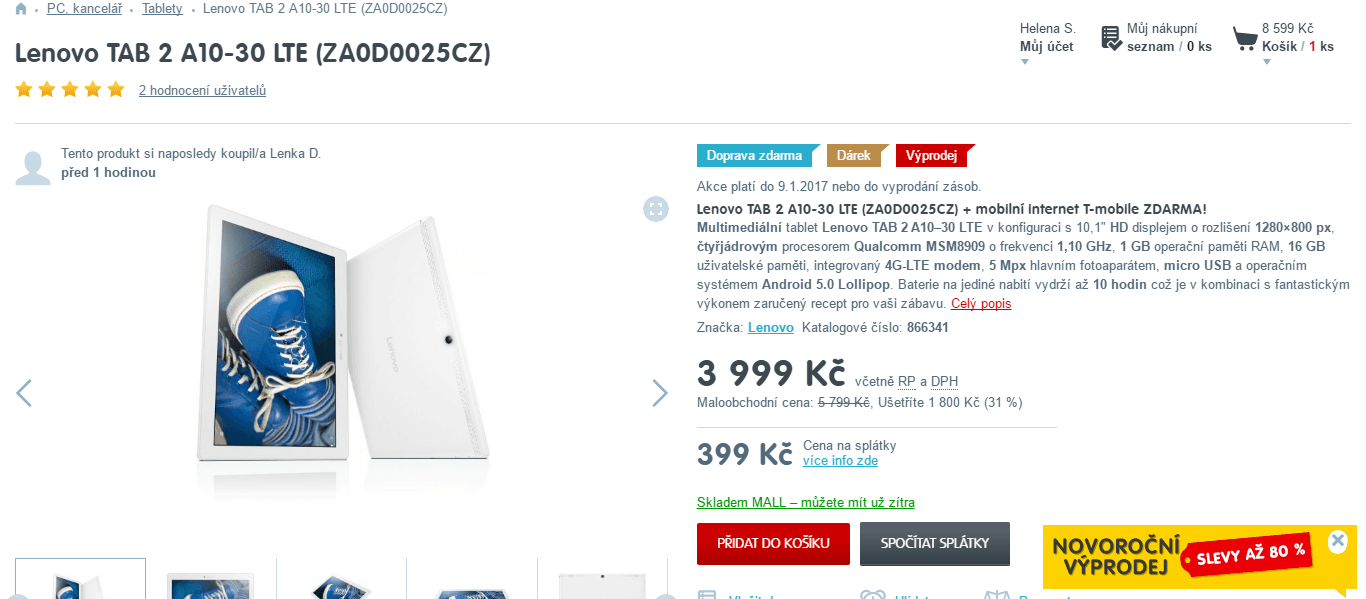 Lenovo, 4x 1,1GHz, 1GB RAM, 10,1", LTE