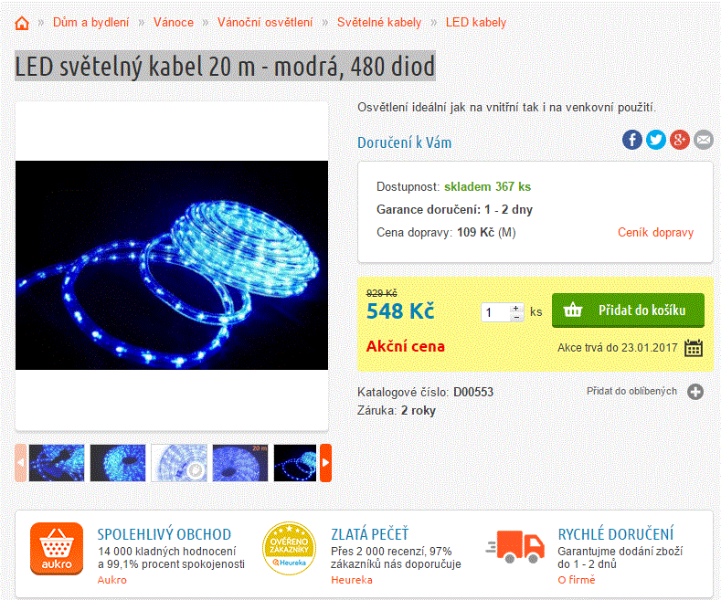 Světelný kabel 20 m - modrý, 480 diod