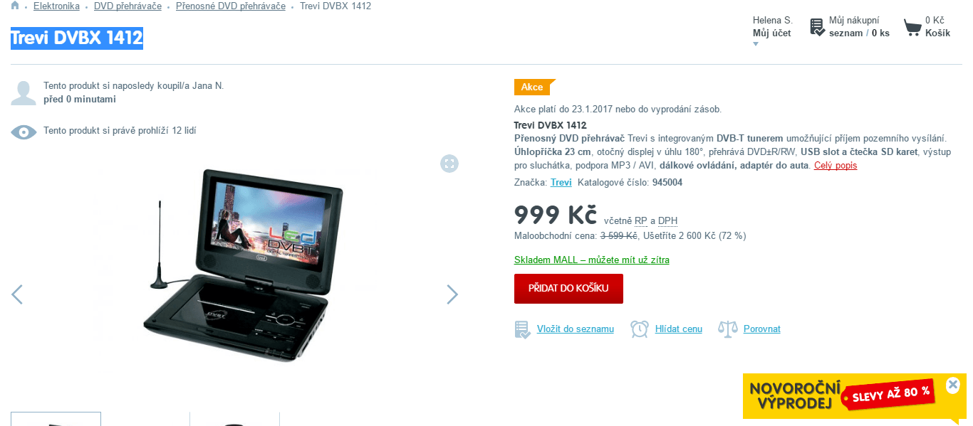 Přenosná TV a DVD přehrávač Trevi, 9"