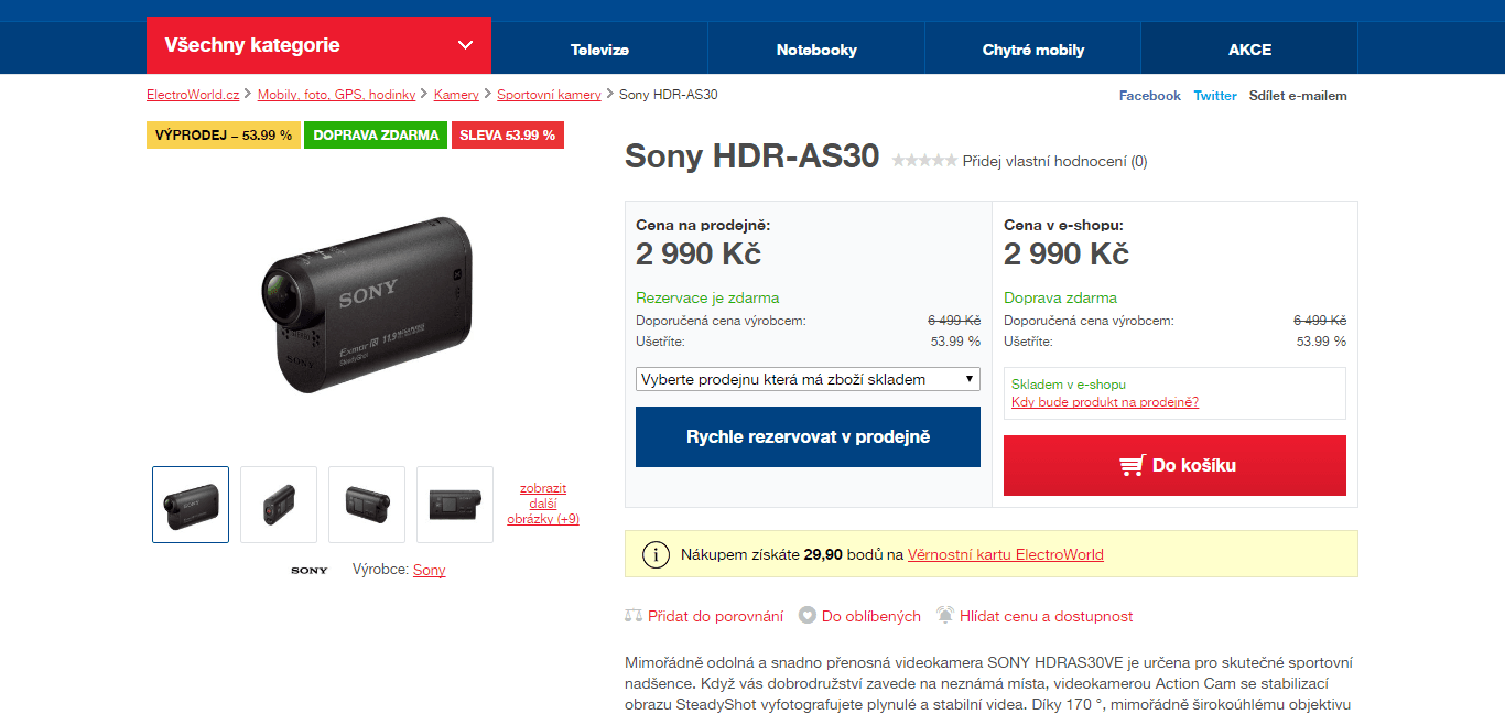 Akční kamera SONY, 16,8MPx, stabilizace
