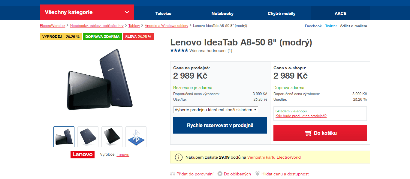 Tablet Lenovo, 4x 1,3GHz, 1GB RAM, 8" - sleva 700