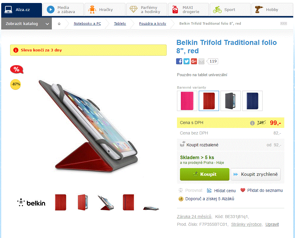 Pouzdro na tablet univerzální, 8", červené
