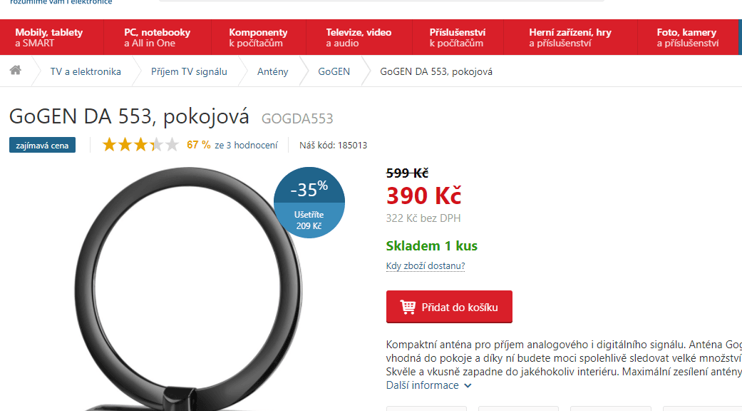 Aktivní pokojová anténa Gogen, digitál