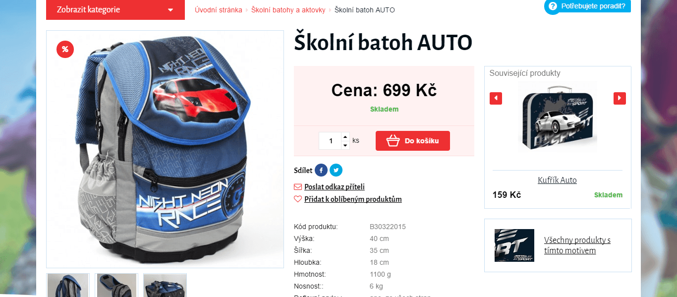 Anatomický školní batoh Auto