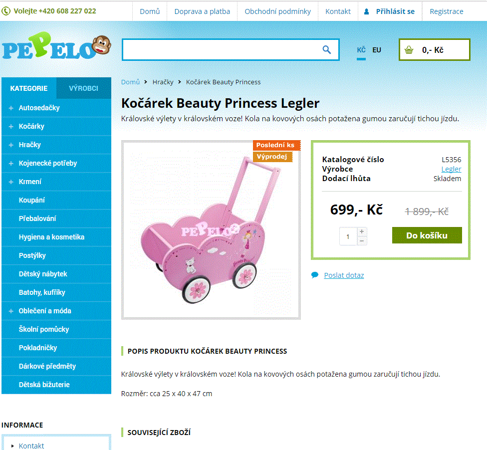 Dřevěný kočárek pro panenky Beauty Princess