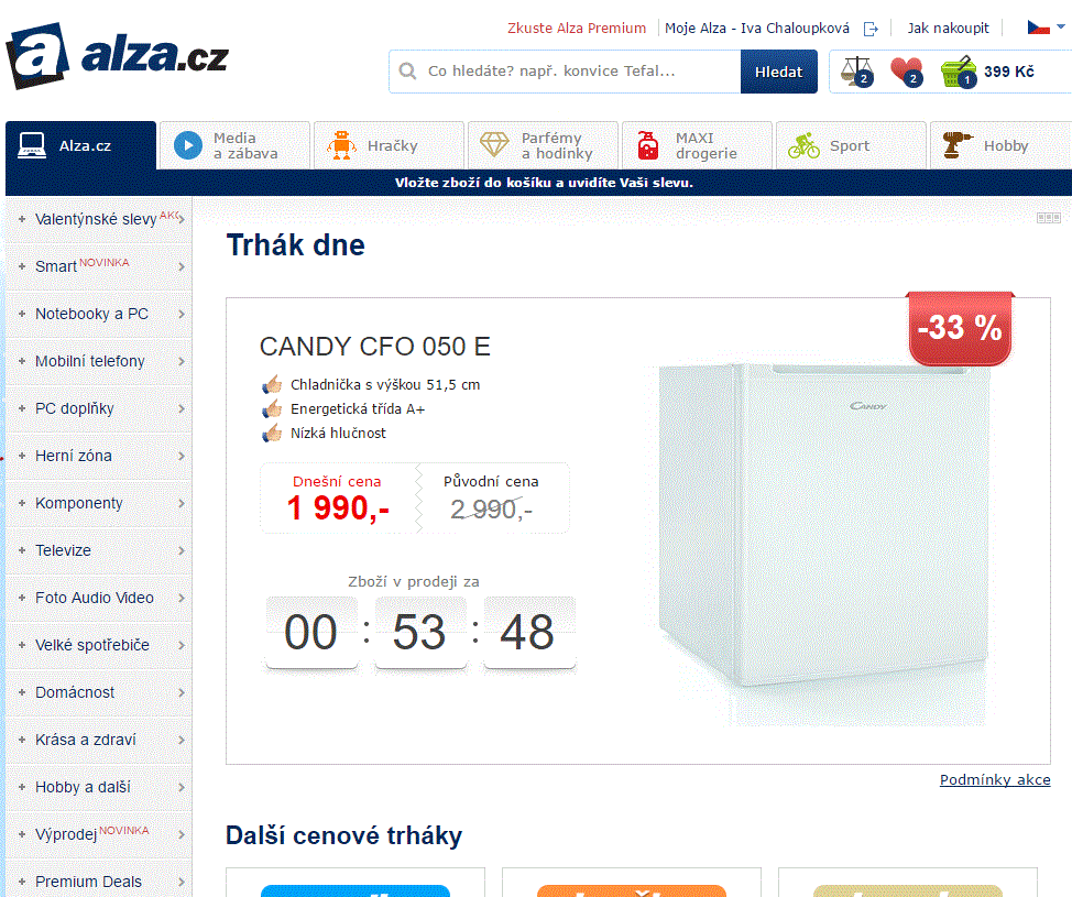Lednička Candy, A+, objem 38/6 l
