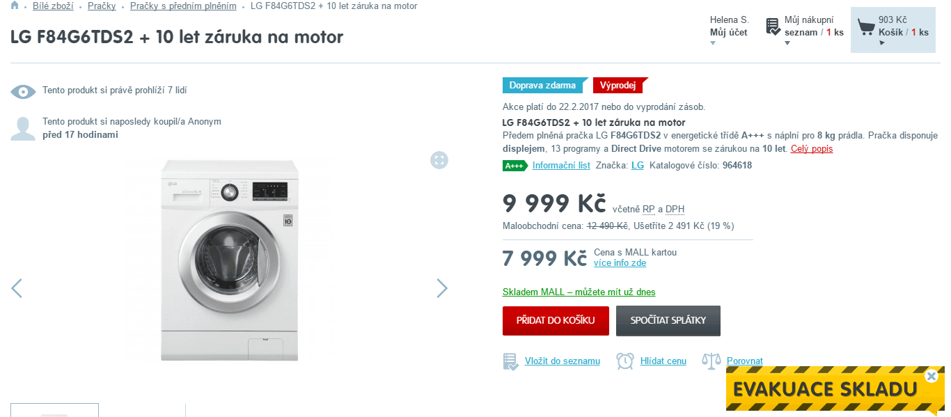 Pračka LG, 8kg, 1400 ot., pára, A+++