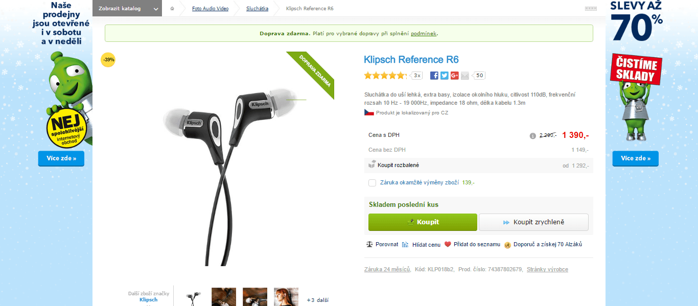 Sluchátka Klipsch Reference R6