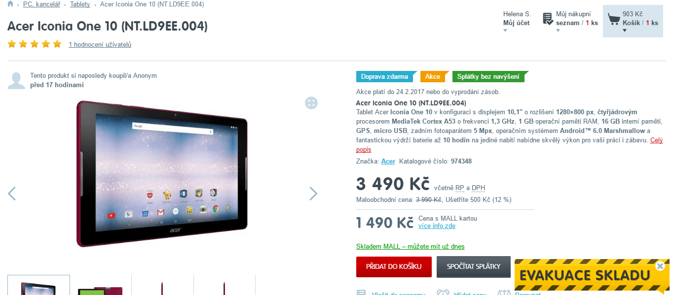 Tablet Acer, 4x 1,3GHz, 1GB RAM, 10,1"