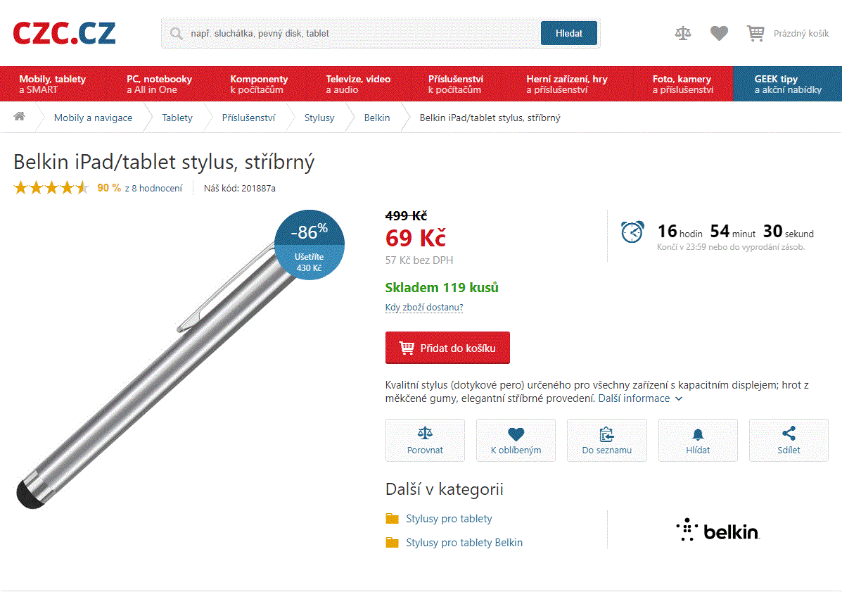 Belkin iPad/tablet stylus, stříbrný