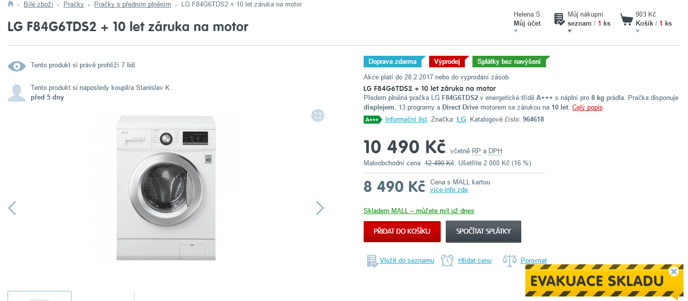 Pračka LG, 8kg, 1400 ot., pára, A+++