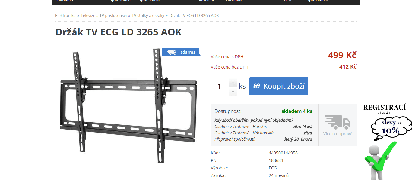 Nástěnný držák TV, 32-65" ECG + HDMI kabel