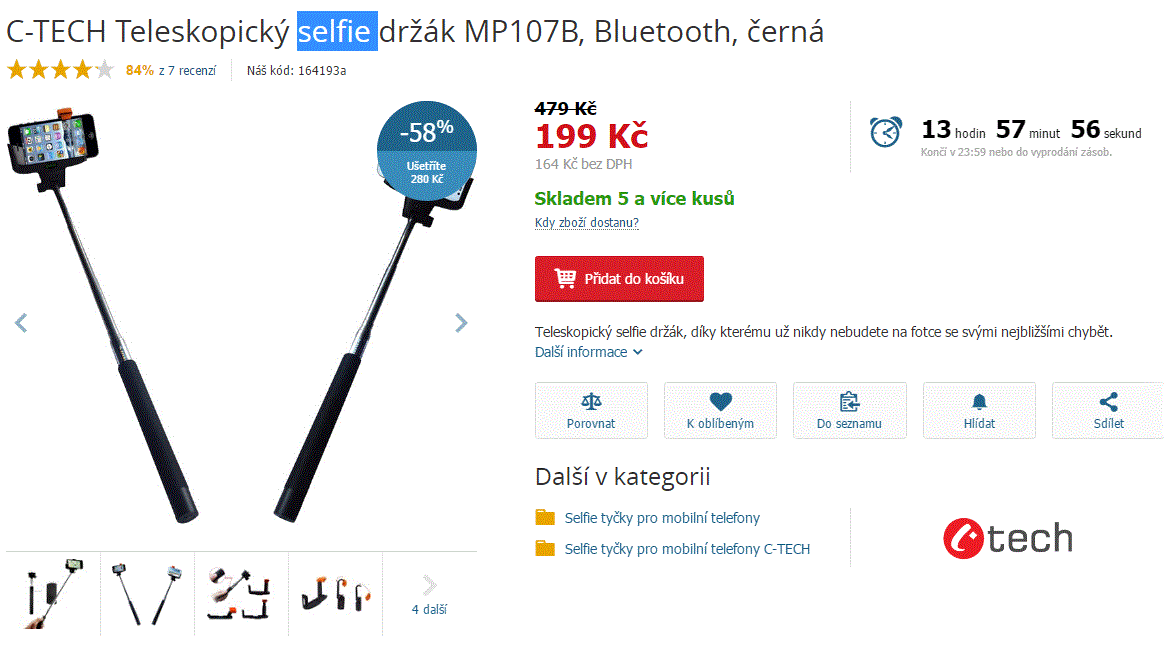 Teleskopický selfie držák C-TECH, Bluetooth