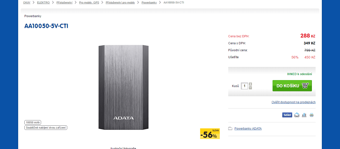 Powerbanka Adata, 10000 mAh, 2x USB