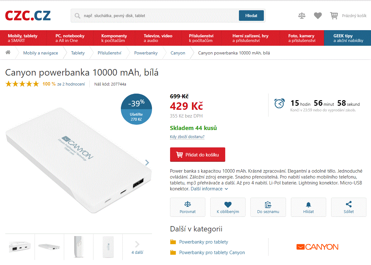 Powerbanka Canyon, 10.000 mAh, 2x USB