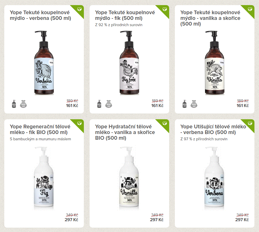 Sleva 15 % na přírodní mýdla a tělová mléka Yope