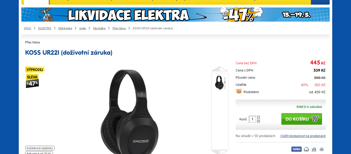 Sluchátka Koss UR22, doživotní záruka