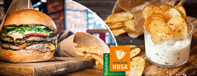 Husa burger se steakovými hranolky + chipsy