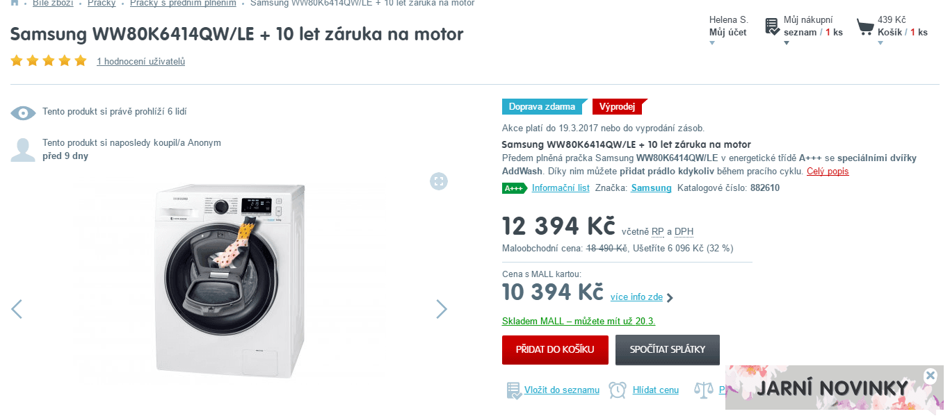 Pračka Samsung, 8kg, 1400 ot., A+++