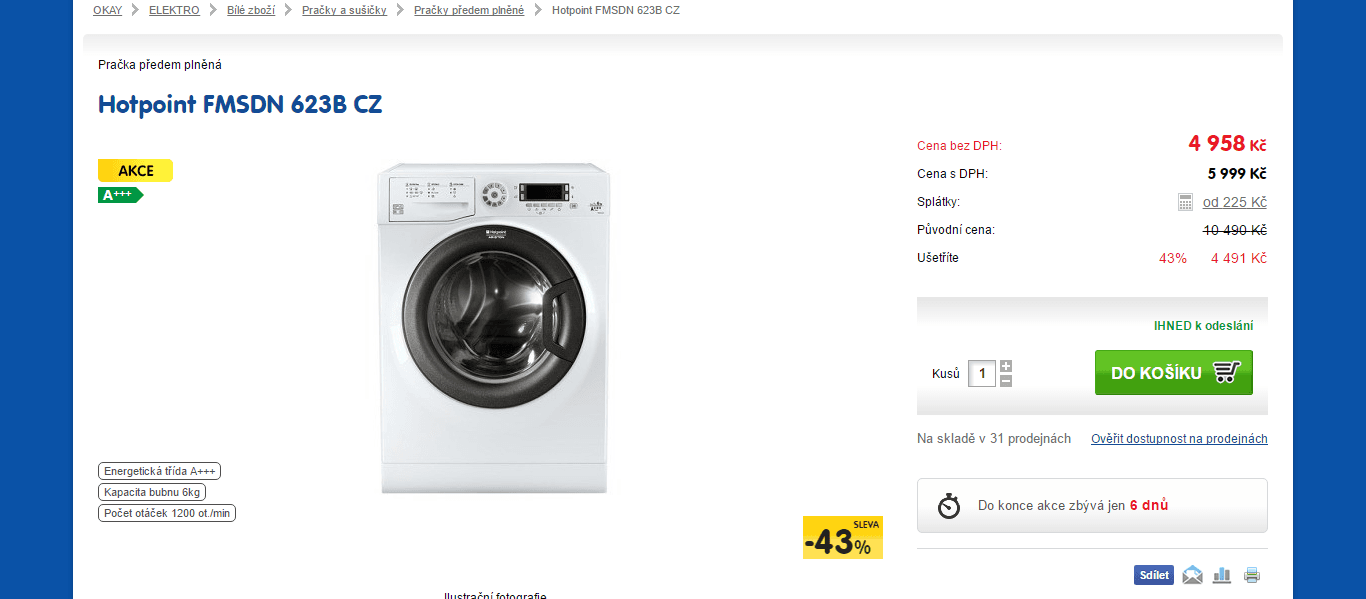 Pračka Hotpoint, 6kg, 1200 ot., 42 cm