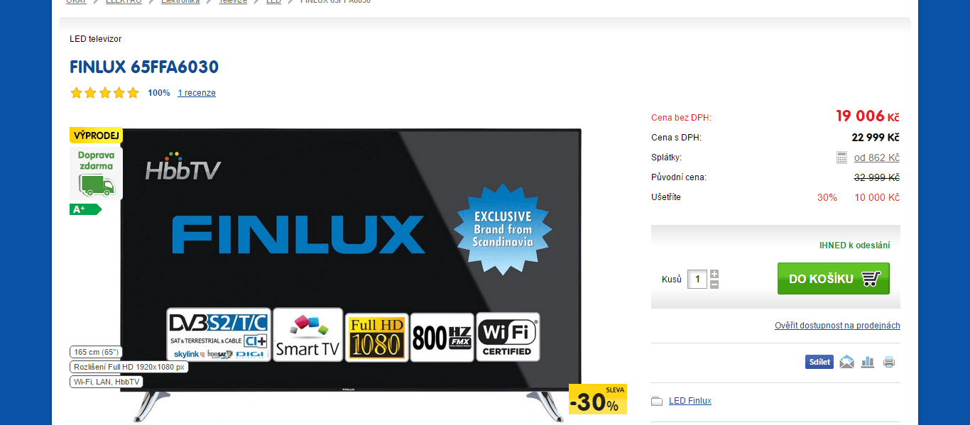 Full HD TV, Smart, 165 cm, Finlux