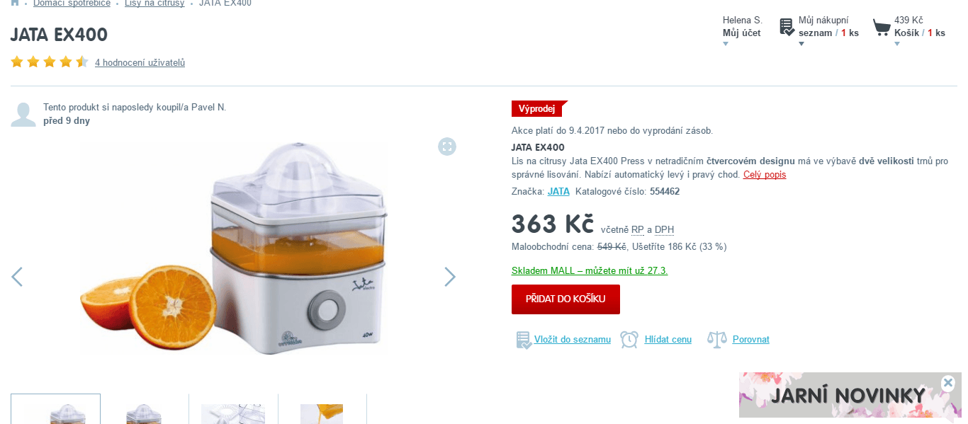 Elektrický citrus press Jata, 0,8 litru