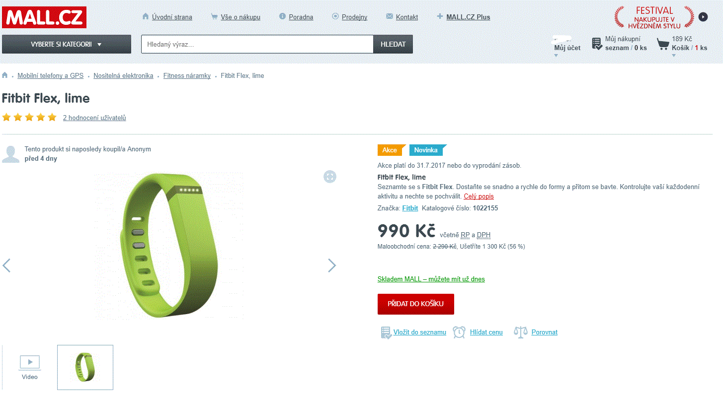 Fitness náramek Fitbit Flex, budík